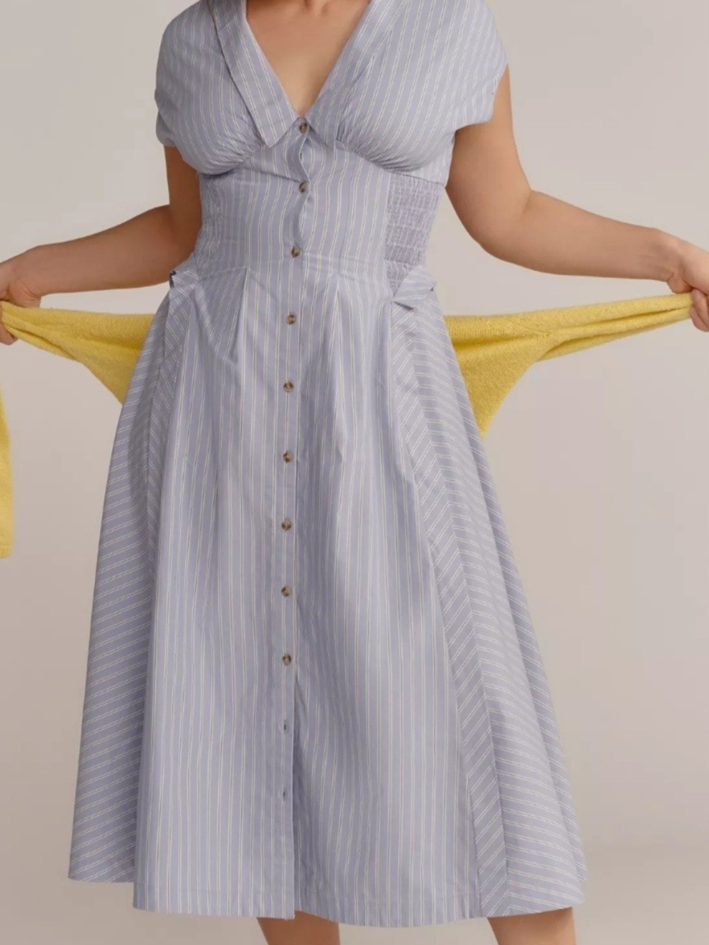 By Anthropologie Short-Sleeve V-Neck Pleated Midi Dress - Picture 7 of 8